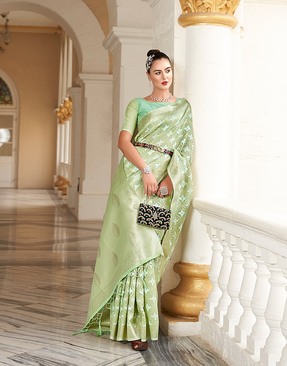 Mint Green Cotton Saree With Weaving Work