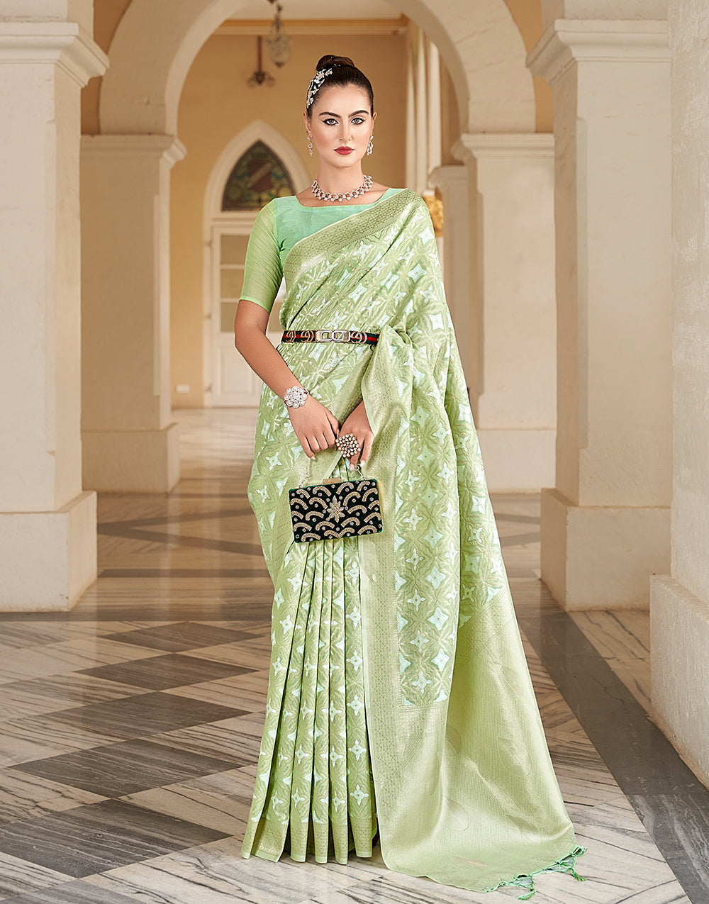 Mint Green Cotton Saree With Weaving Work