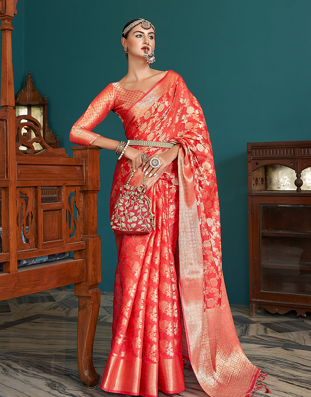 Red Silk Saree With Weaving Work