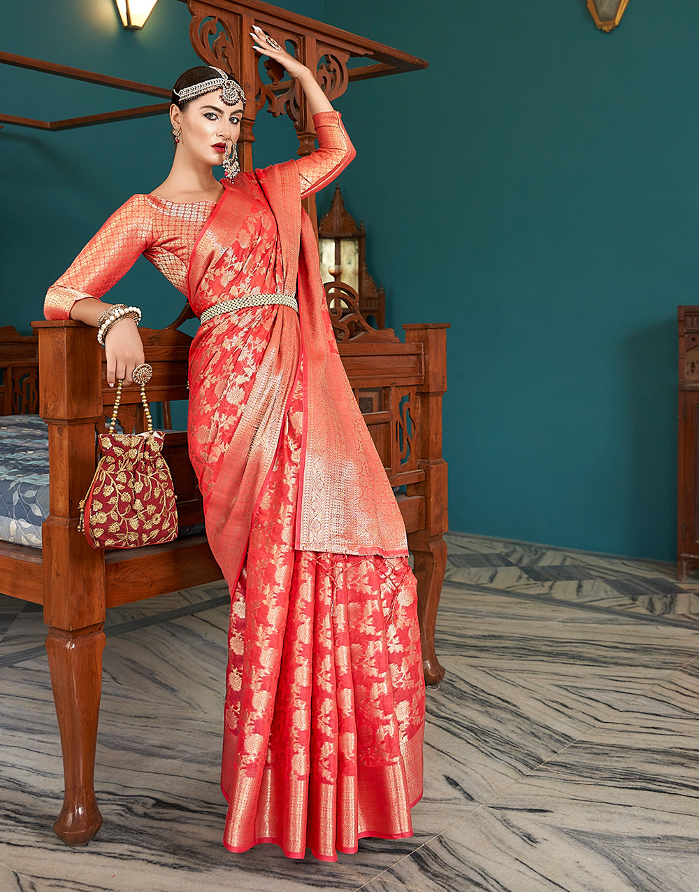 Red Silk Saree With Weaving Work