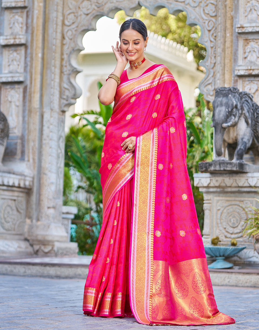 Hot Pink Soft Silk Saree With Weaving Work