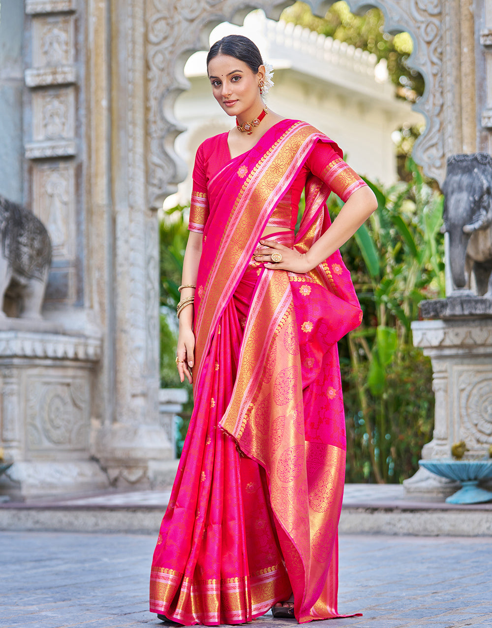 Hot Pink Soft Silk Saree With Weaving Work