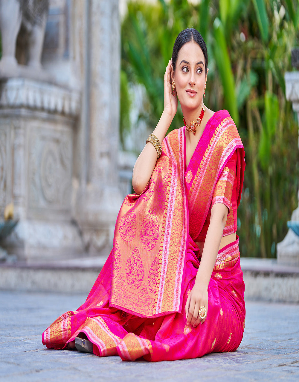 Hot Pink Soft Silk Saree With Weaving Work
