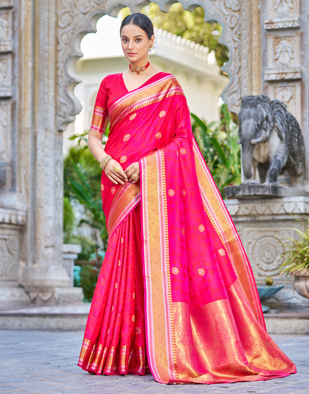 Hot Pink Soft Silk Saree With Weaving Work