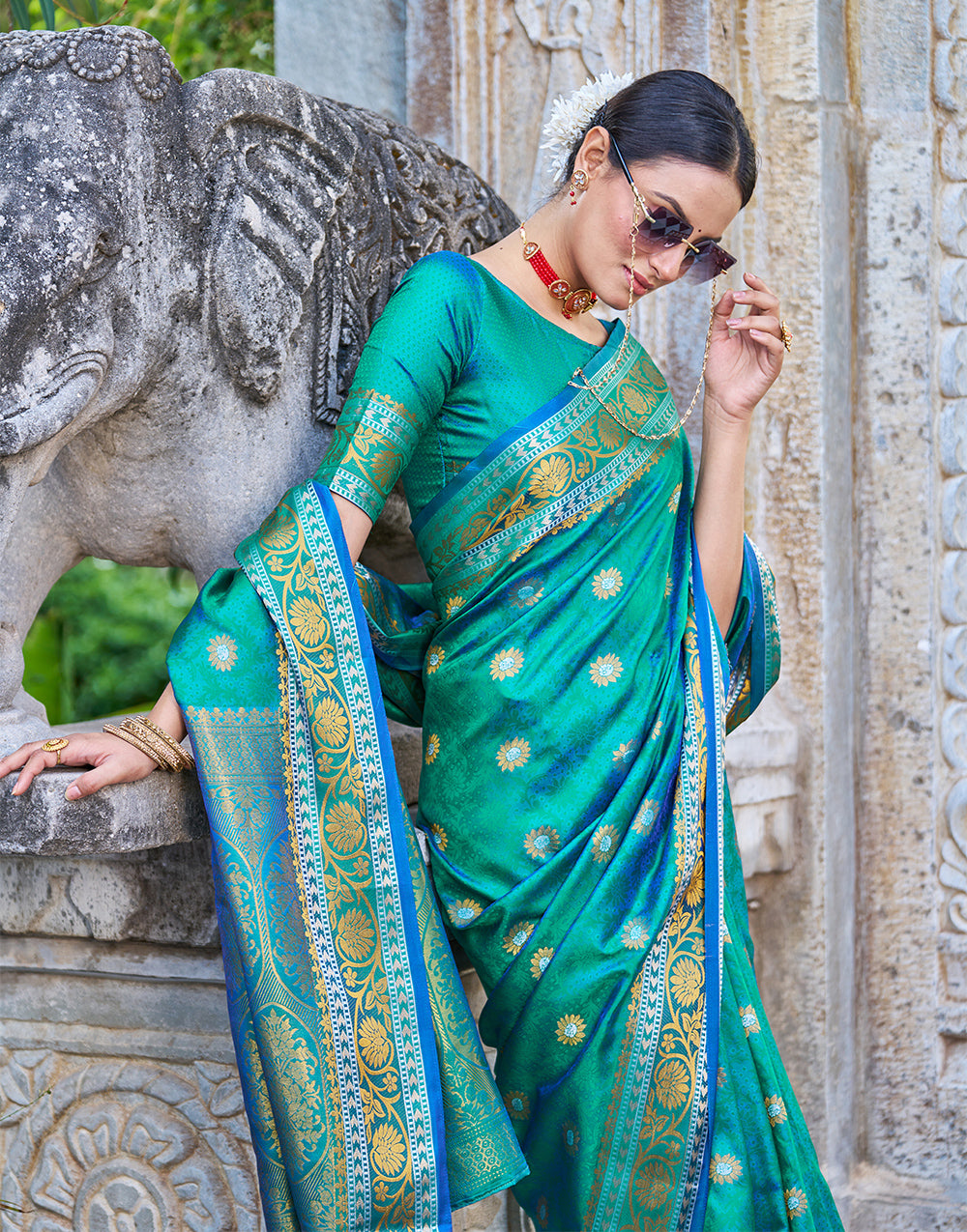Teal Blue Soft Kanjivaram Silk Saree With Weaving Work