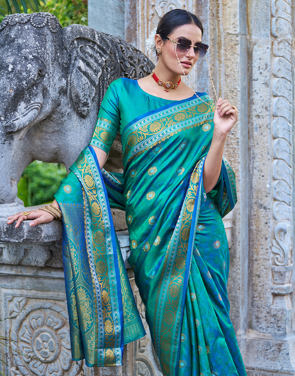 Teal Blue Soft Kanjivaram Silk Saree With Weaving Work