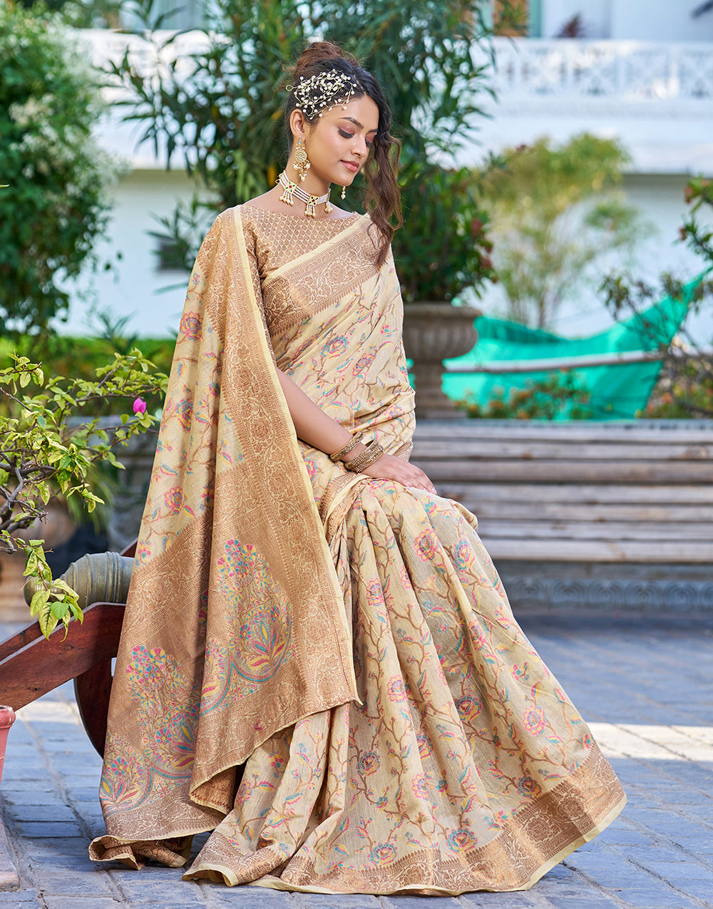 Beige Pashmina Silk Saree With Weaving Work