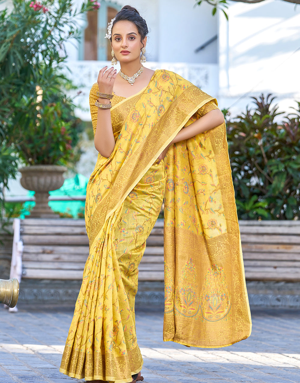 Yellow Pashmina Silk Saree With Weaving Work