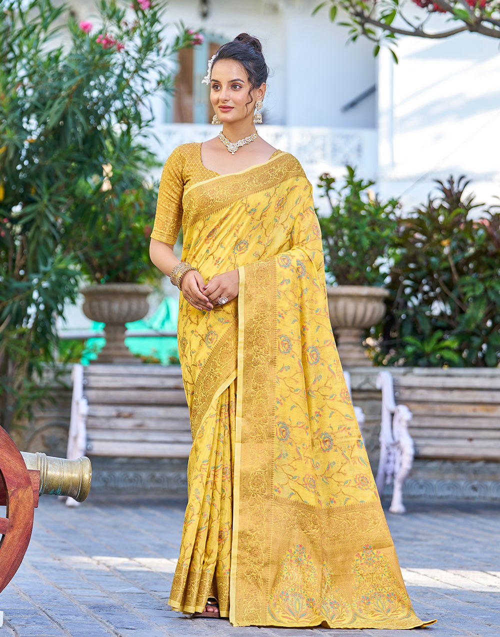 Yellow Pashmina Silk Saree With Weaving Work