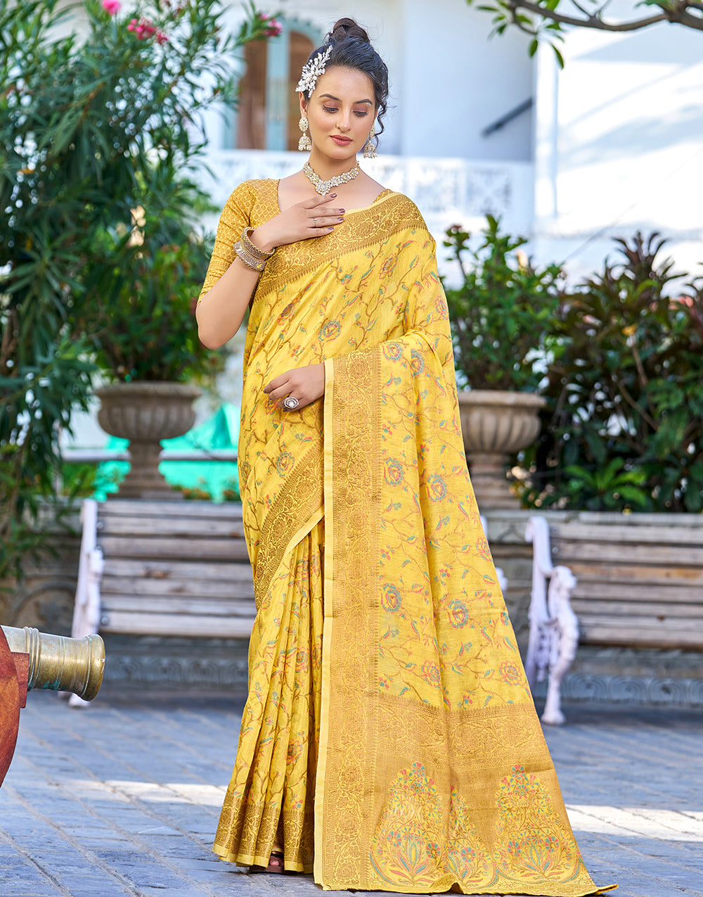 Yellow Pashmina Silk Saree With Weaving Work