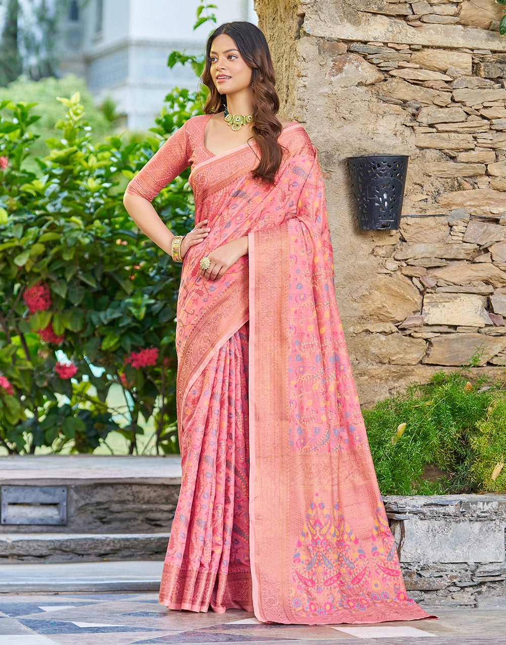 Baby Pink Pashamina Saree With Weaving Work