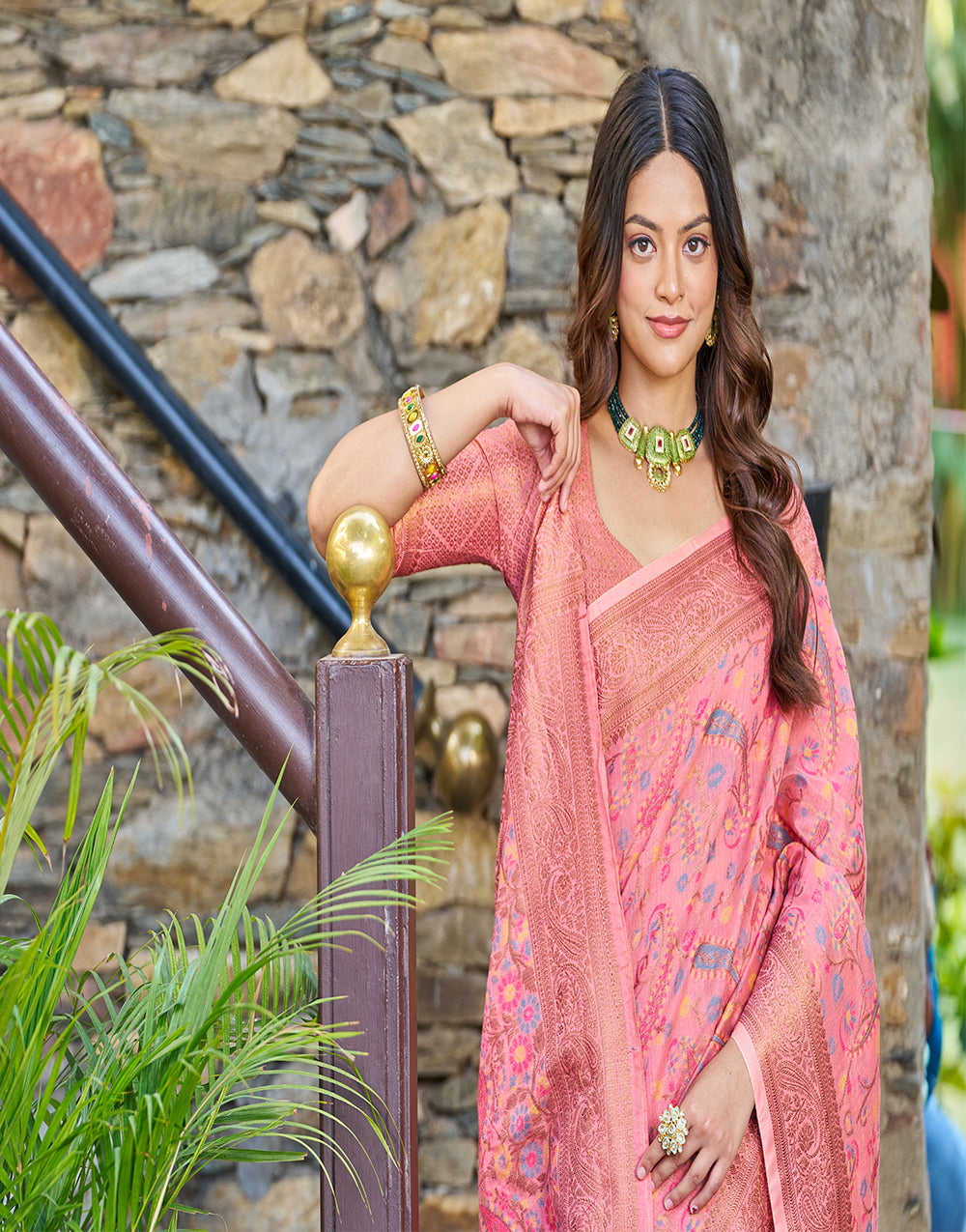 Baby Pink Pashamina Saree With Weaving Work