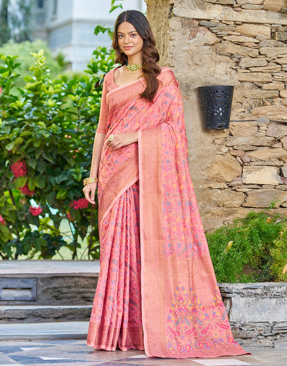 Baby Pink Pashamina Saree With Weaving Work