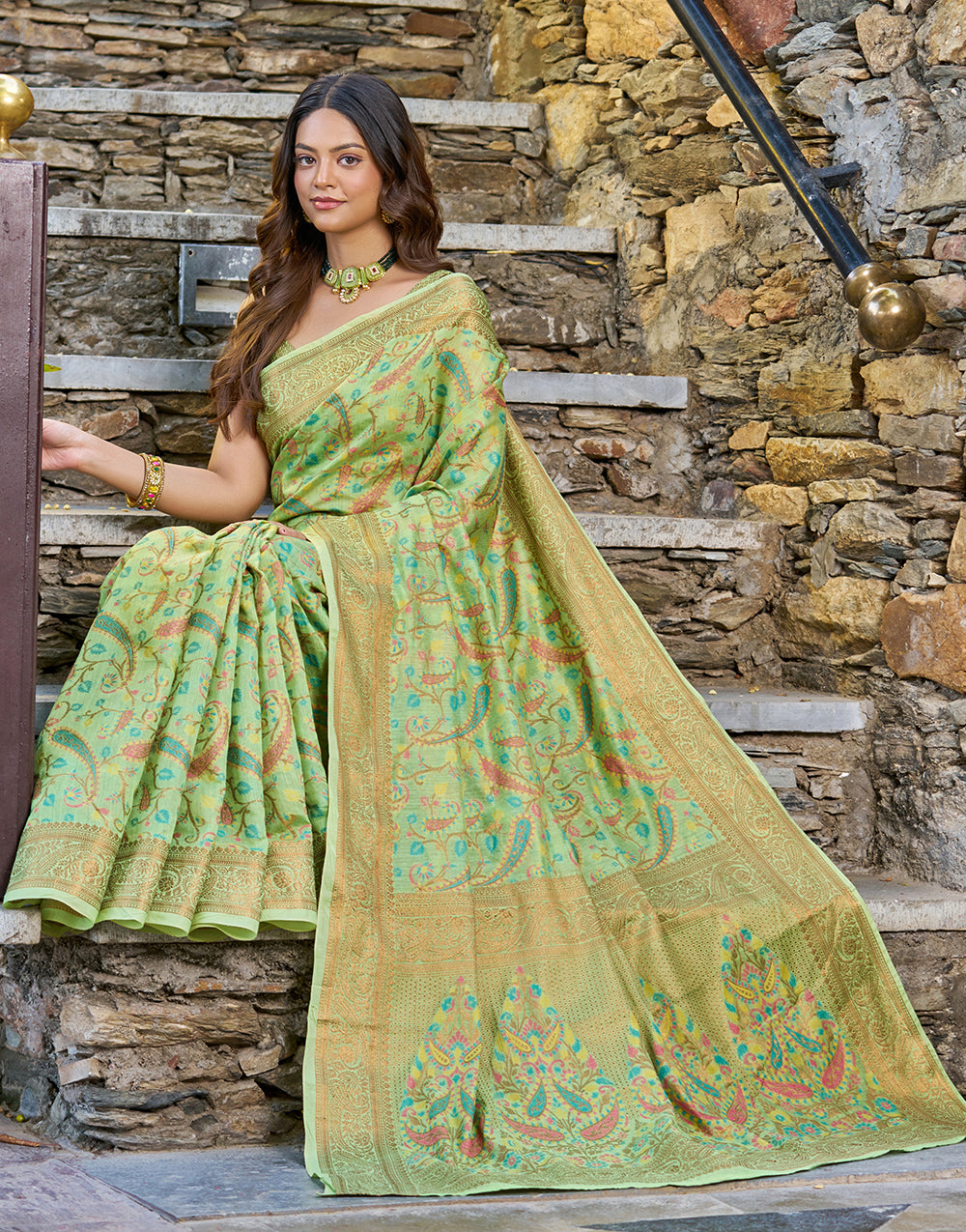 Pista Green Pashamina Silk Saree With Weaving Work