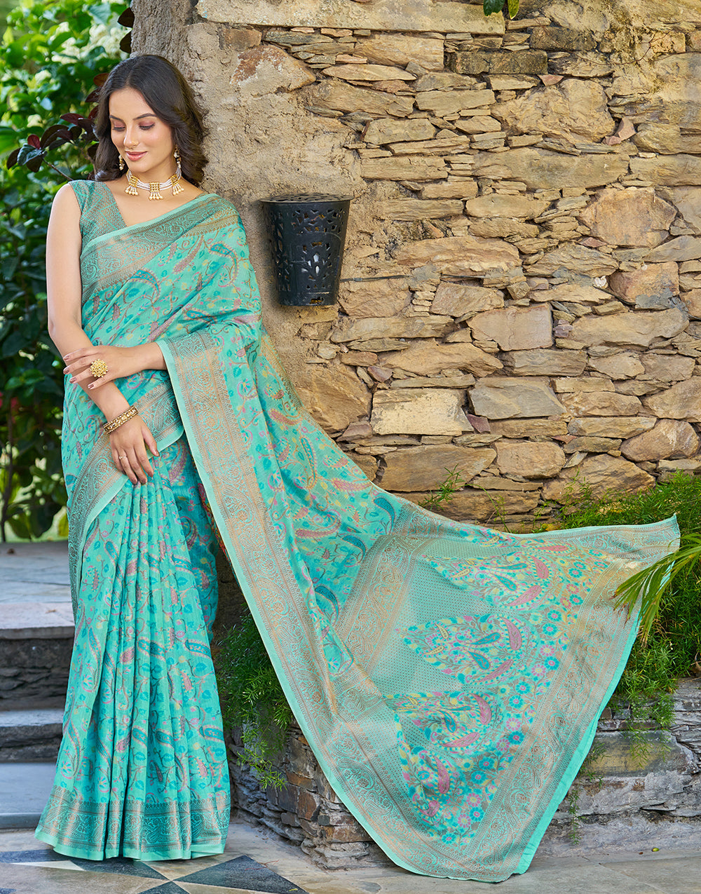 Sea Green Pashamina Saree With Weaving Work