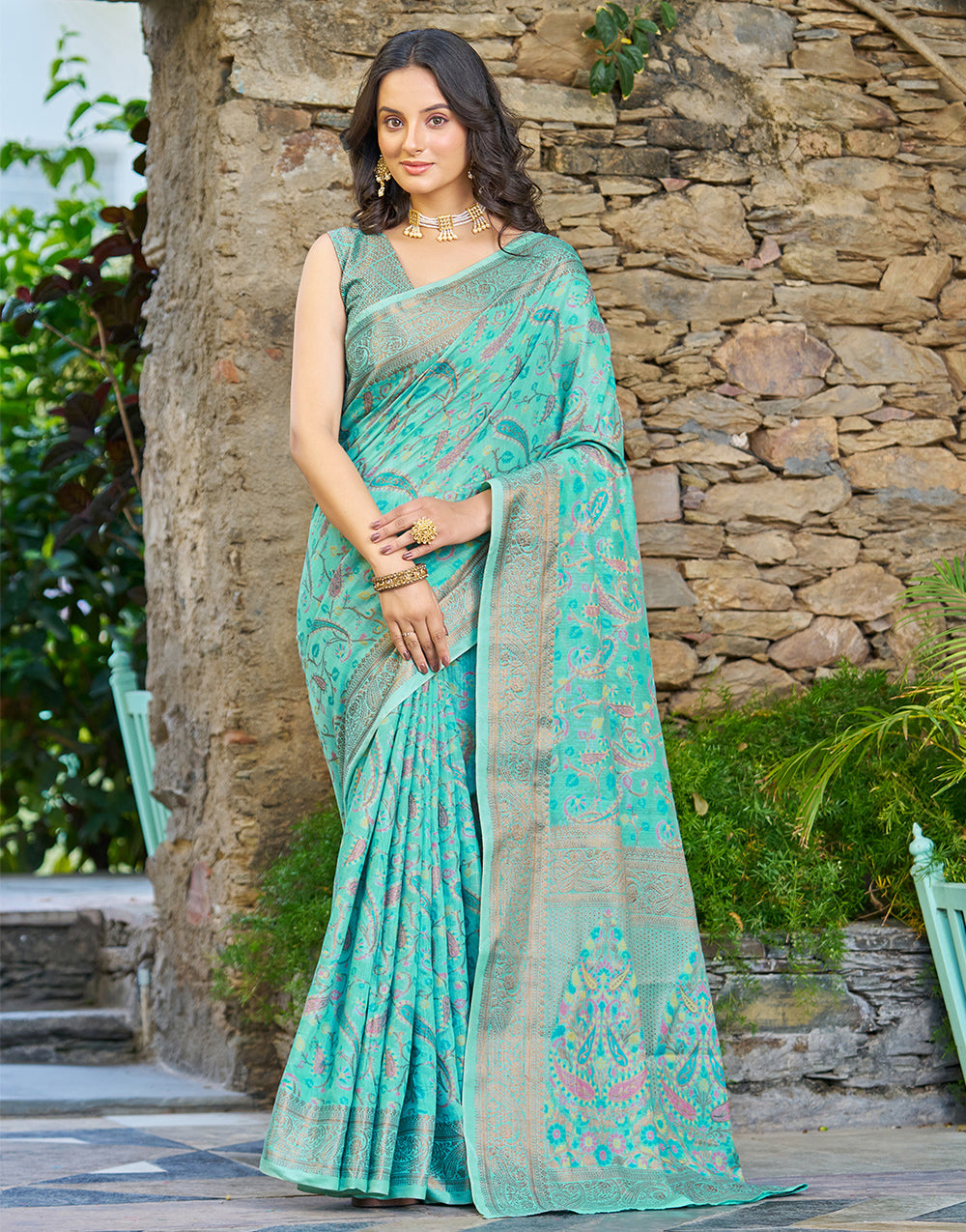 Sea Green Pashamina Saree With Weaving Work
