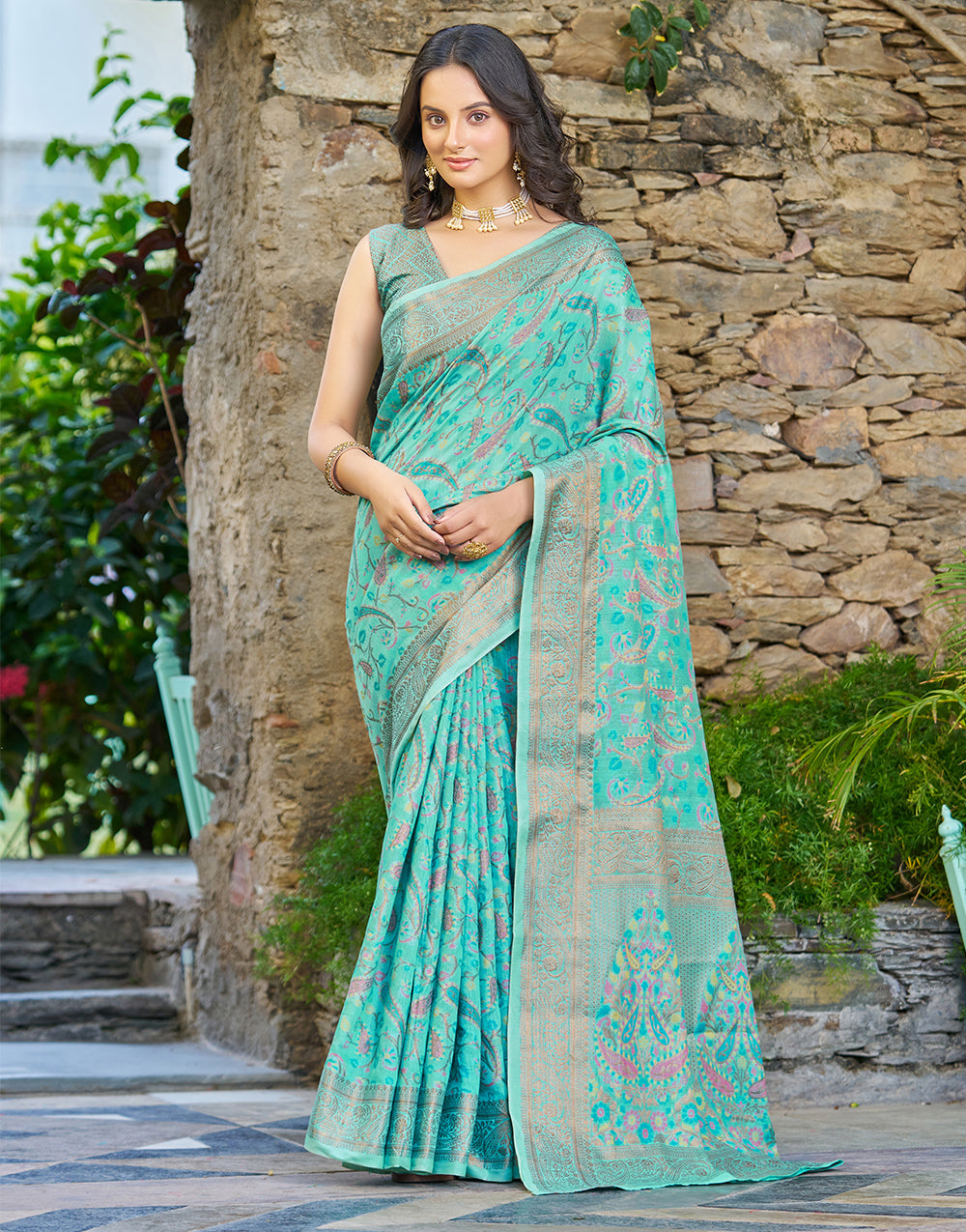 Sea Green Pashamina Saree With Weaving Work