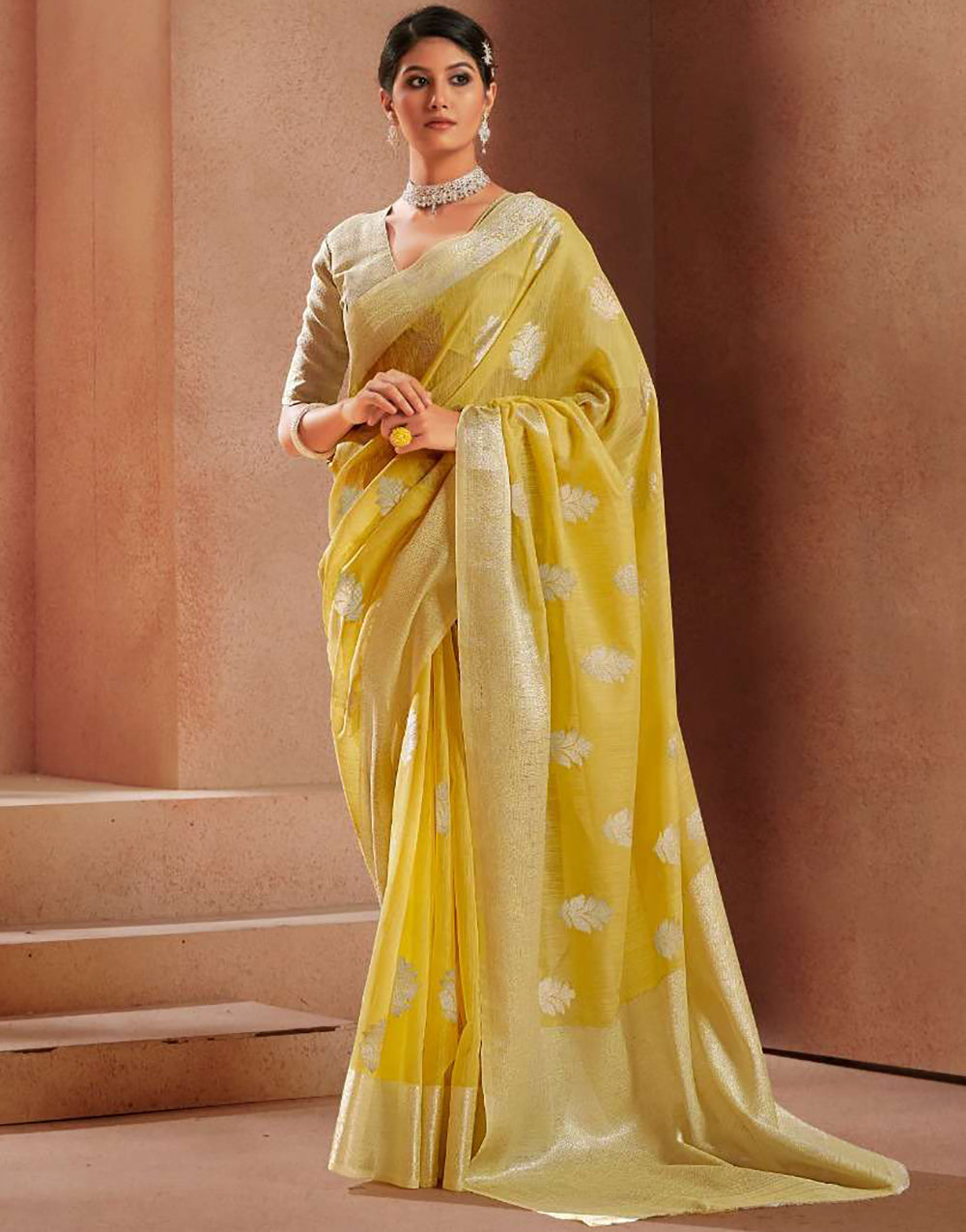 Yellow Soft Linen Saree With Blouse