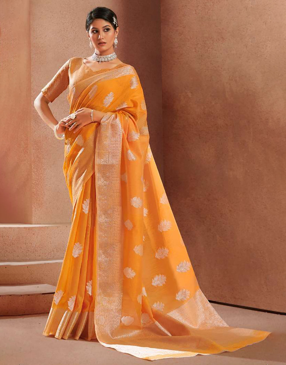 Orange Soft Linen Saree With Weaving Work