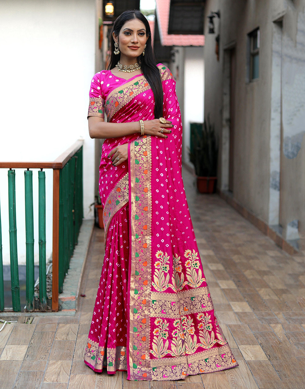 Pink Hand Bandhej Bandhani Saree With Zari Weaving Work