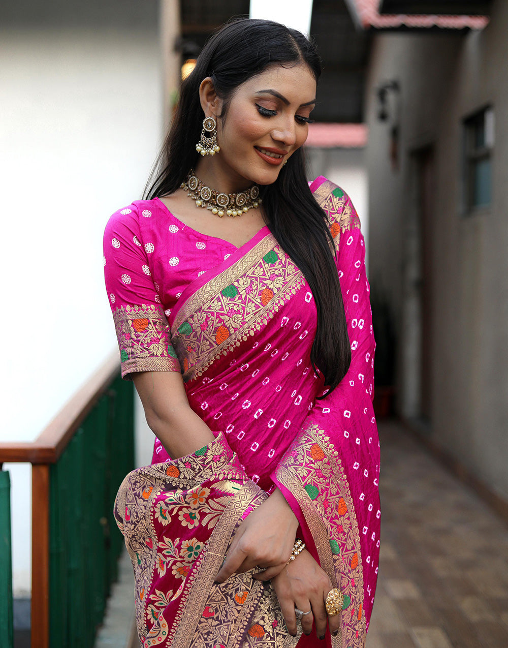 Pink Hand Bandhej Bandhani Saree With Zari Weaving Work