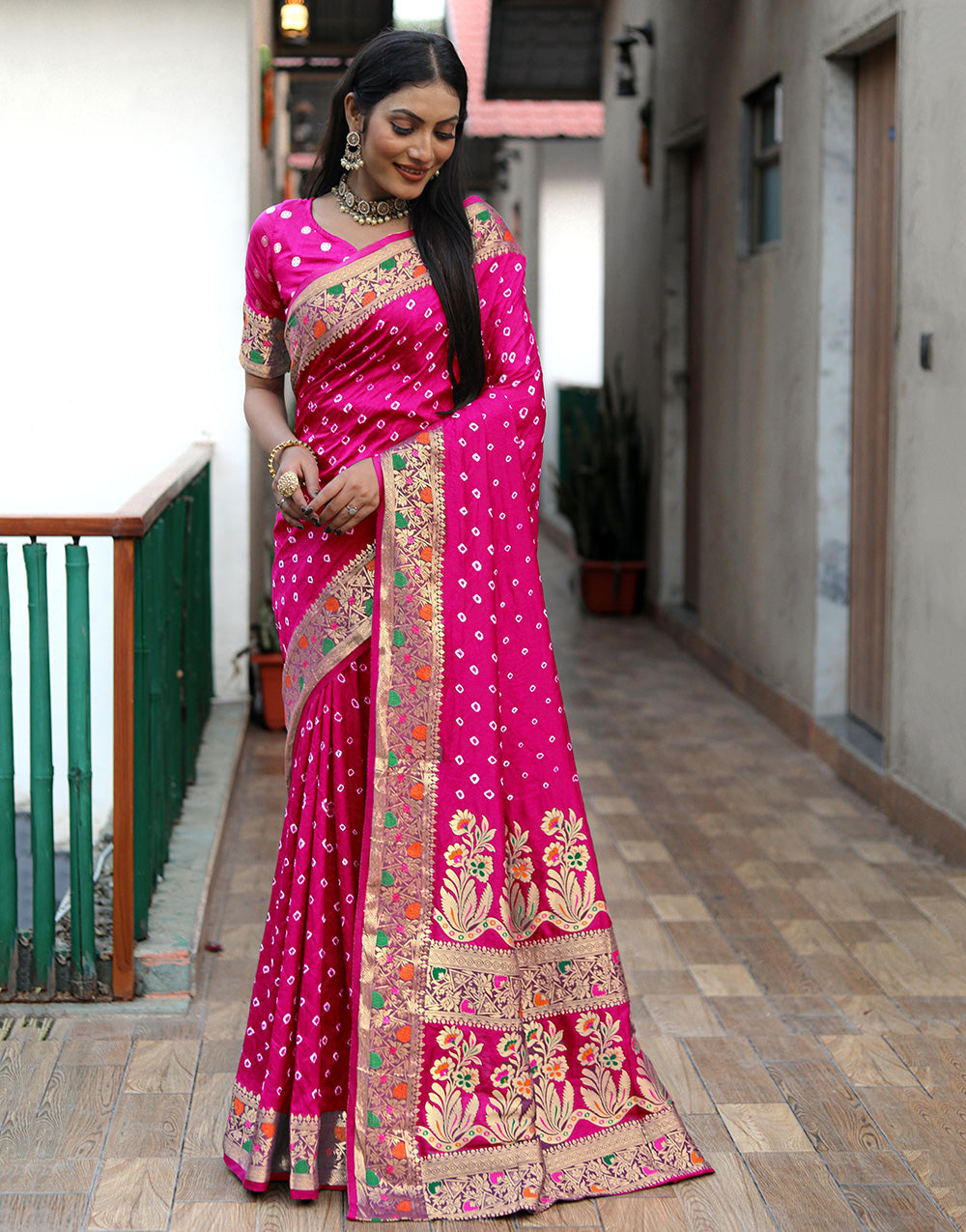 Pink Hand Bandhej Bandhani Saree With Zari Weaving Work