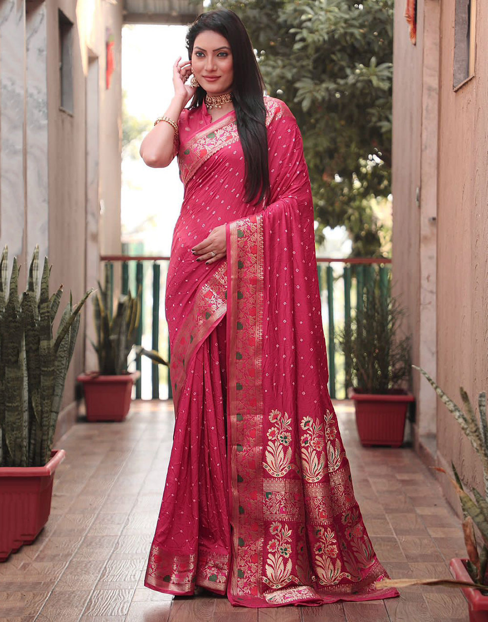 Punch Pink Hand Bandhej Bandhani Saree With Zari Weaving Work