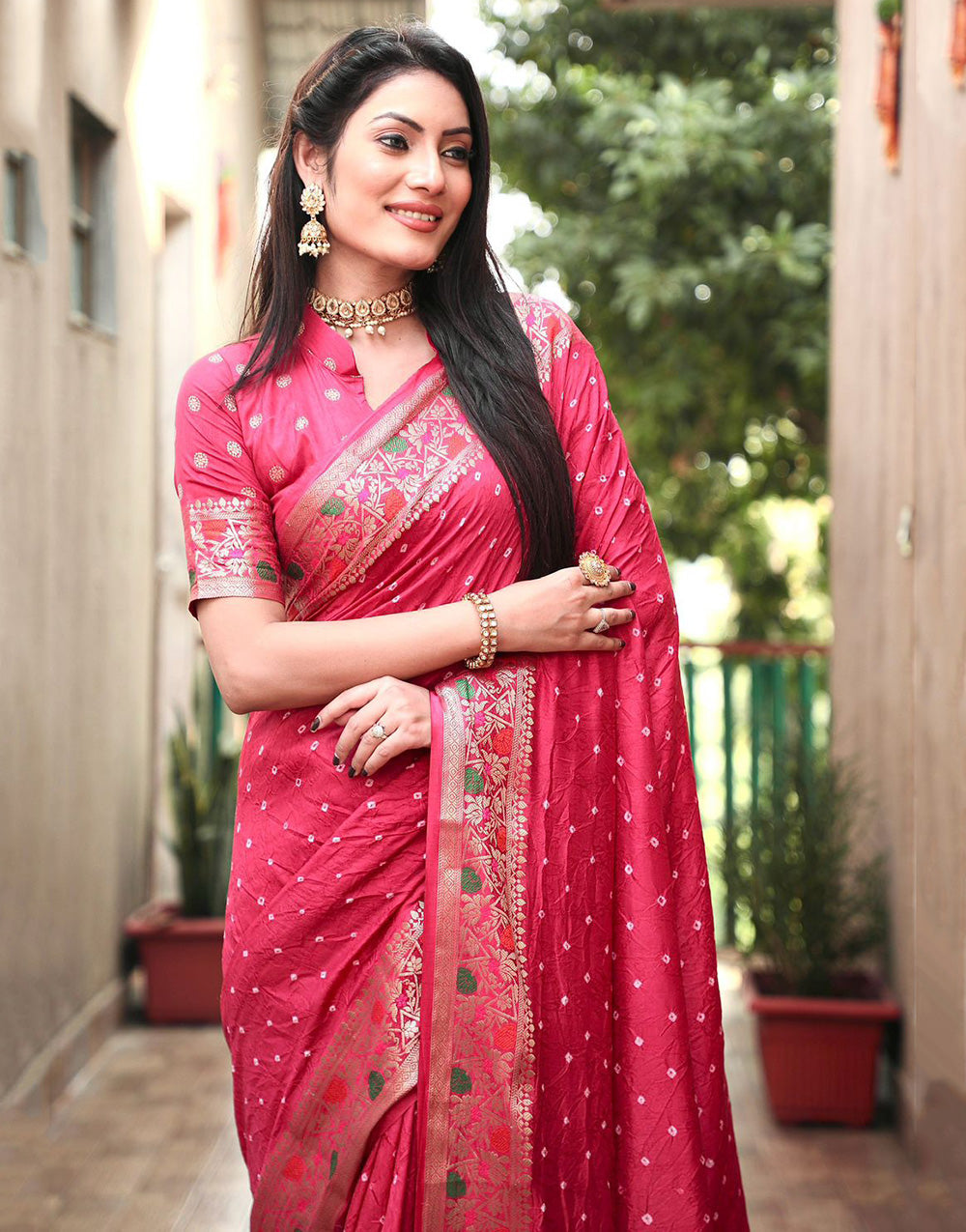 Punch Pink Hand Bandhej Bandhani Saree With Zari Weaving Work