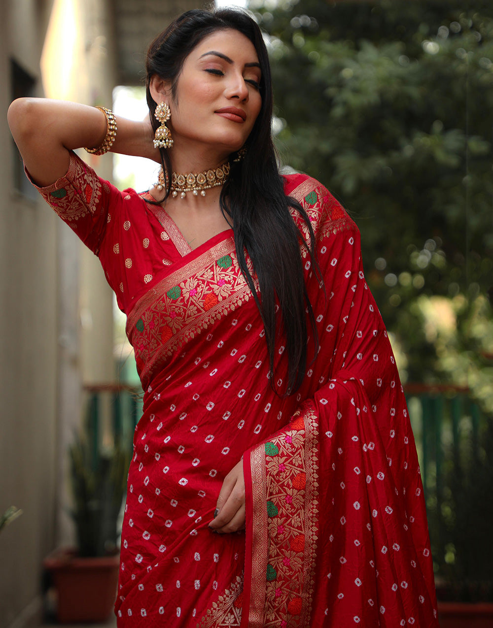 Red Hand Bandhej Bandhani Saree With Zari Weaving Work