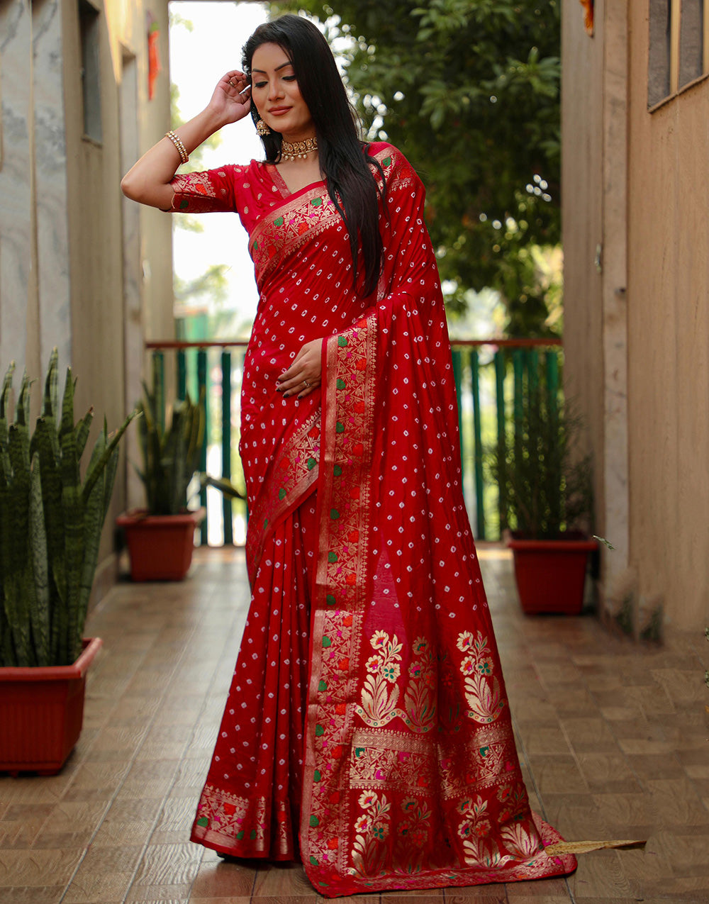 Red Hand Bandhej Bandhani Saree With Zari Weaving Work