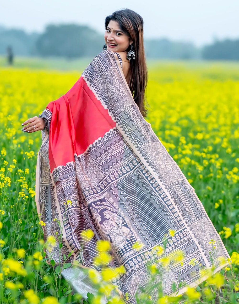 Gajari Tussar Silk Saree With Madhubani Printed Work