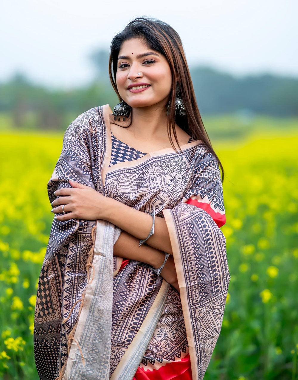 Gajari Tussar Silk Saree With Madhubani Printed Work