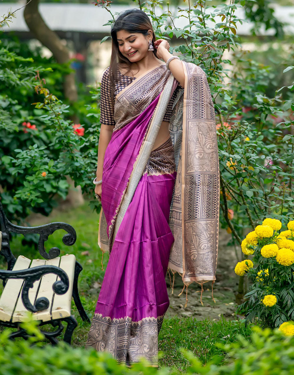 Purple Tussar Silk Saree With Madhubani Printed Work
