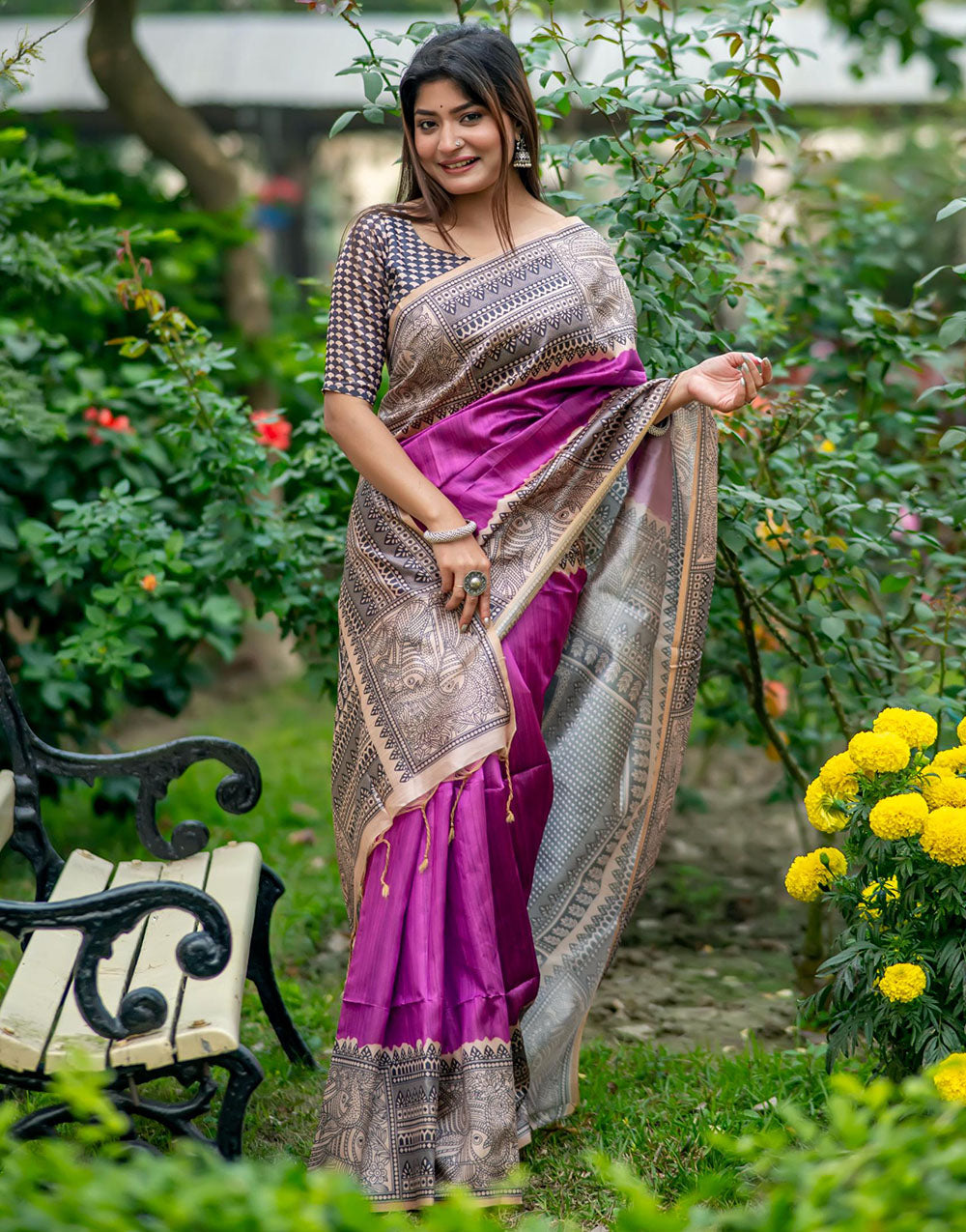 Purple Tussar Silk Saree With Madhubani Printed Work