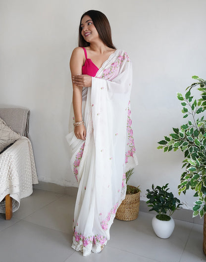 White & Pink Georgette Saree With Thread Embroidery & Cut Work Border