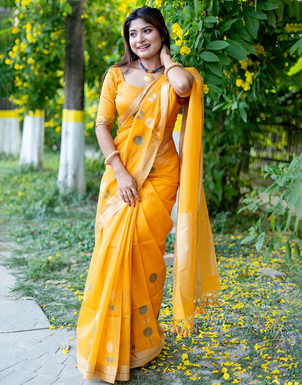 Yellow Linen Silk Saree With Zari Weaving Work