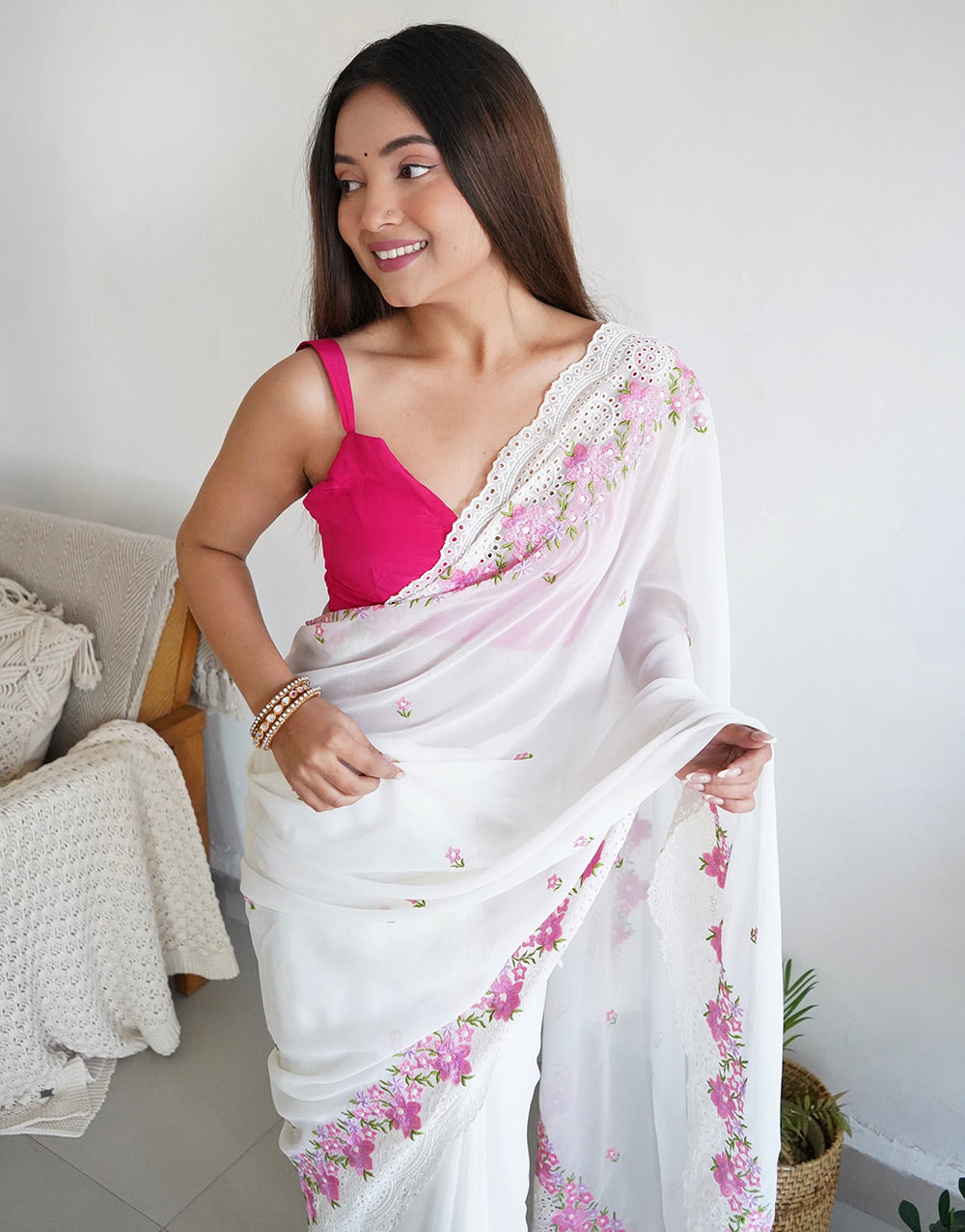 White & Pink Georgette Saree With Thread Embroidery & Cut Work Border