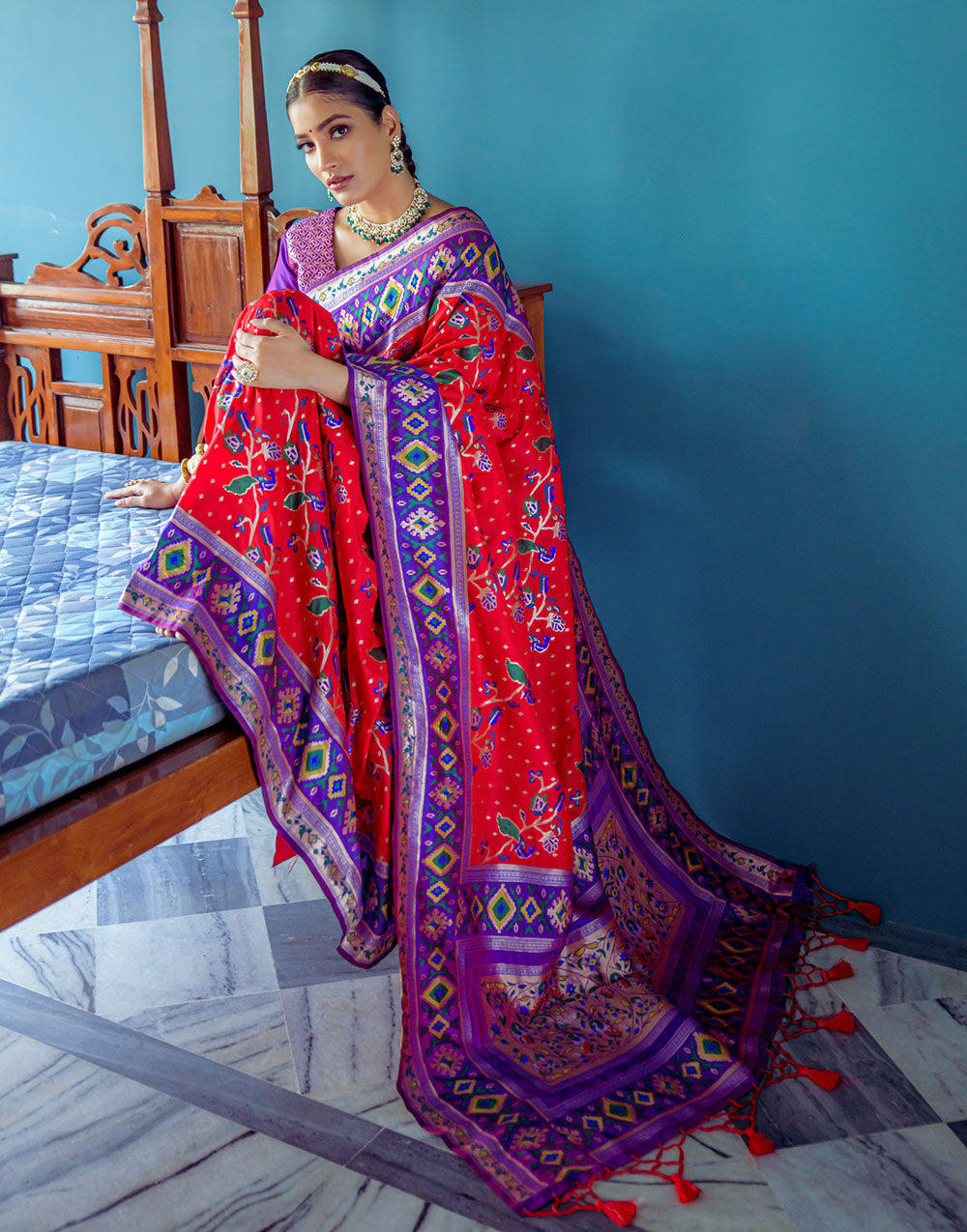 Hot Red Paithani Silk Saree With Zari Weaving Work