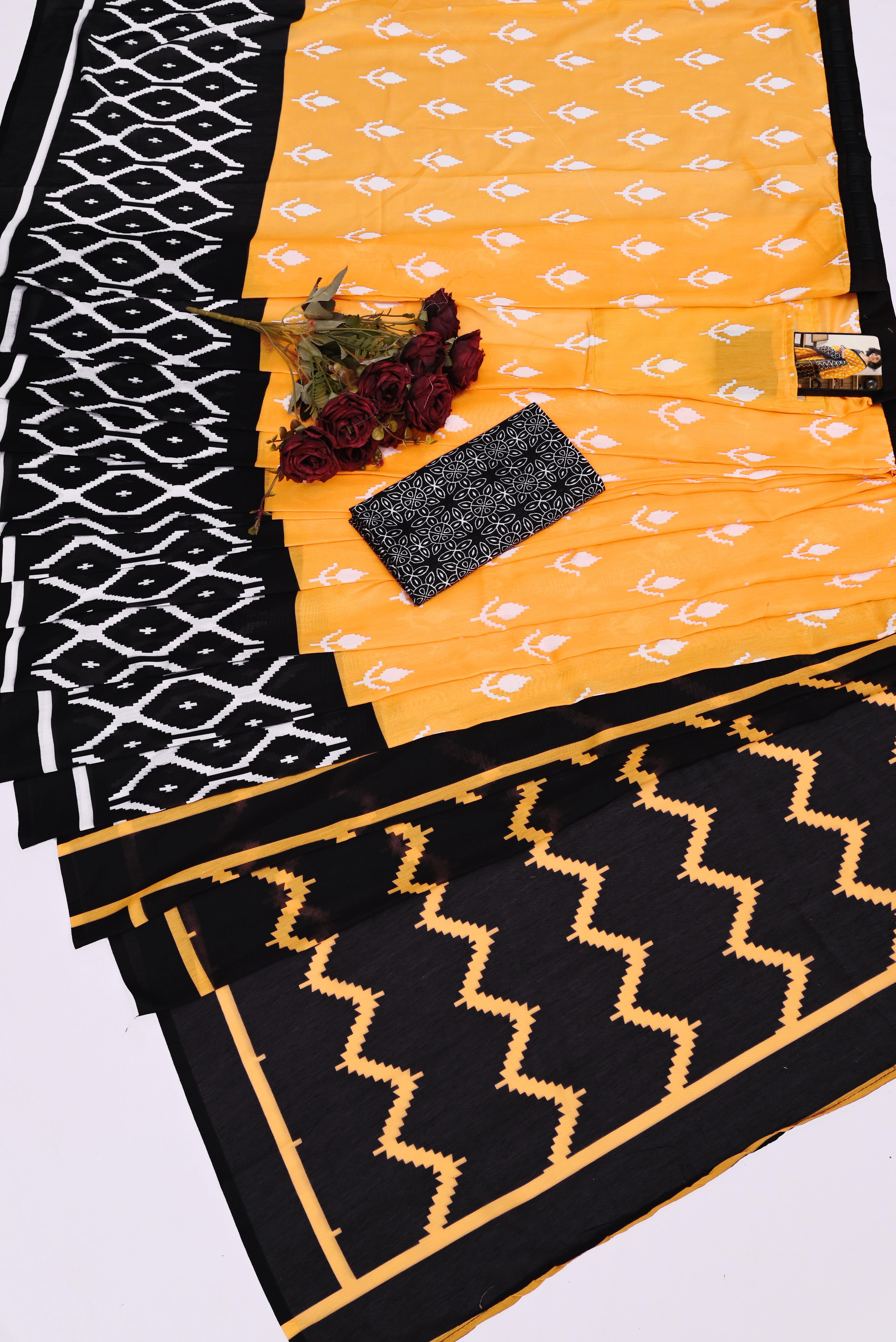 Yellow Black Mul Cotton Ready To Wear Saree With Pocket