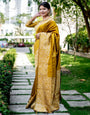 Mustard Yellow Handloom Raw Silk Saree With Weaving Work