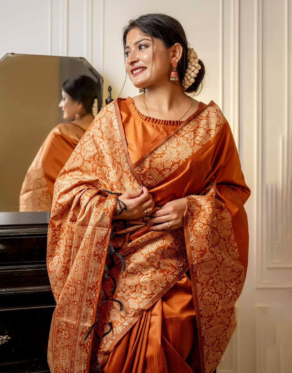 Orange Handloom Raw Silk Saree With Weaving Work