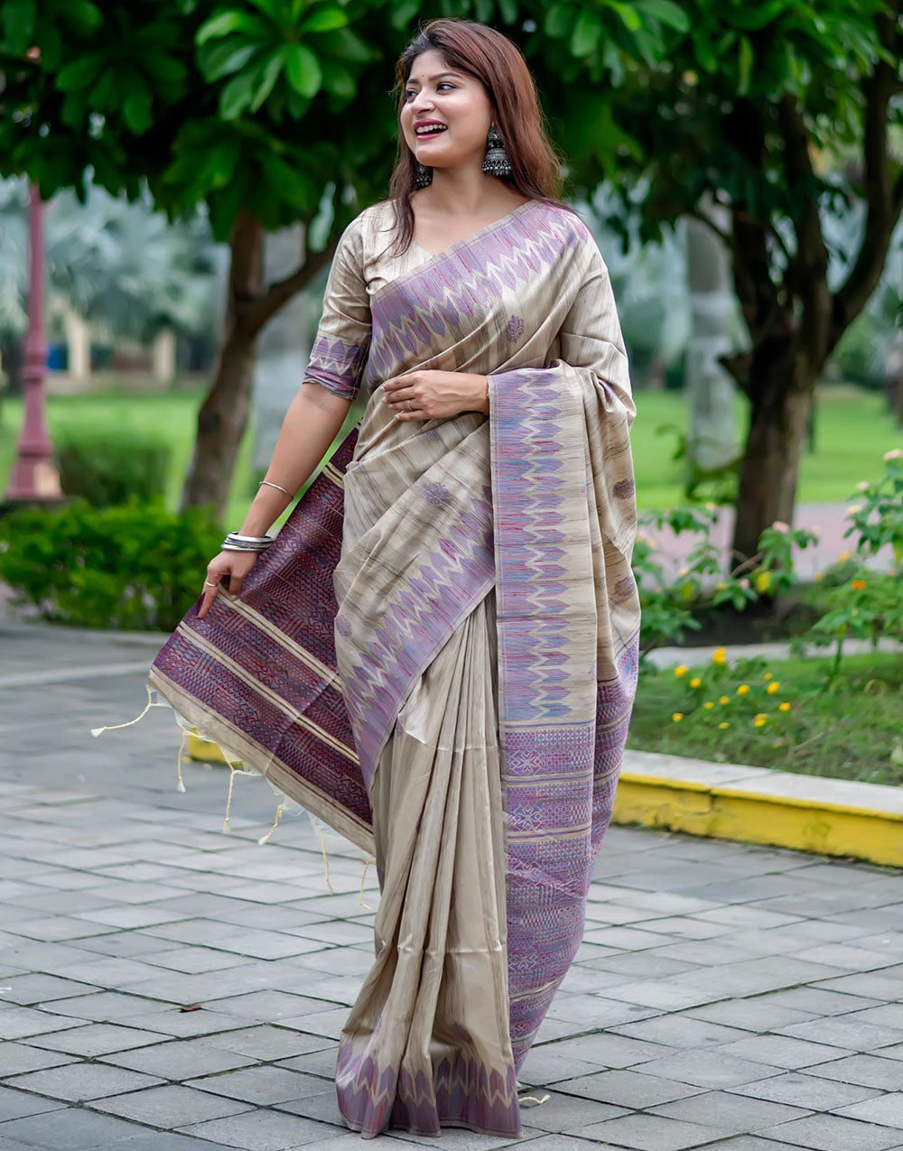 Lavender & Beige Tussar Silk Saree With Weaving Work