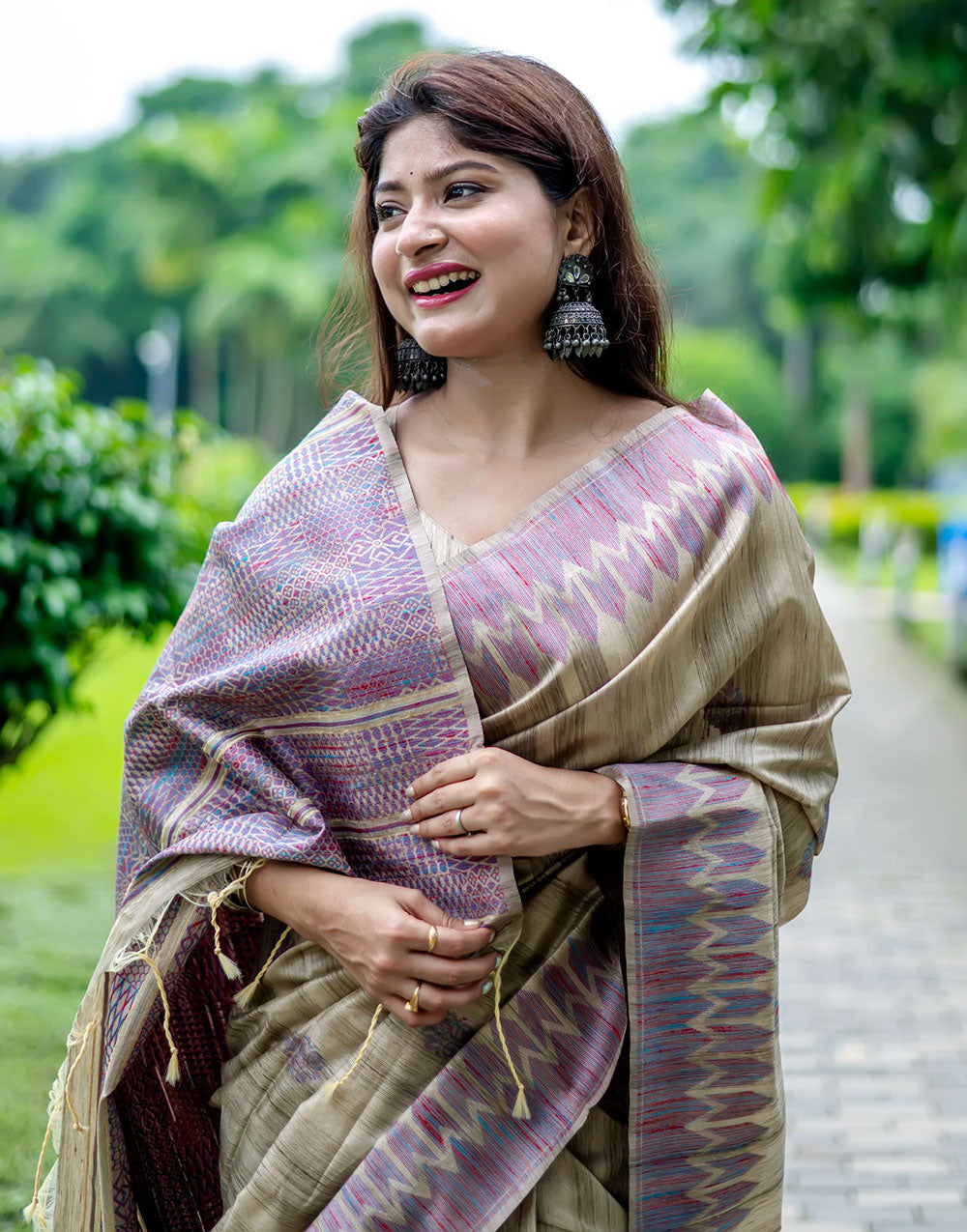 Lavender & Beige Tussar Silk Saree With Weaving Work