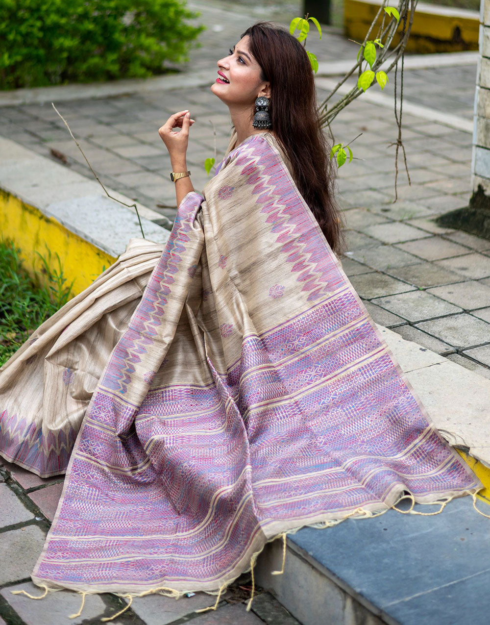 Lavender & Beige Tussar Silk Saree With Weaving Work