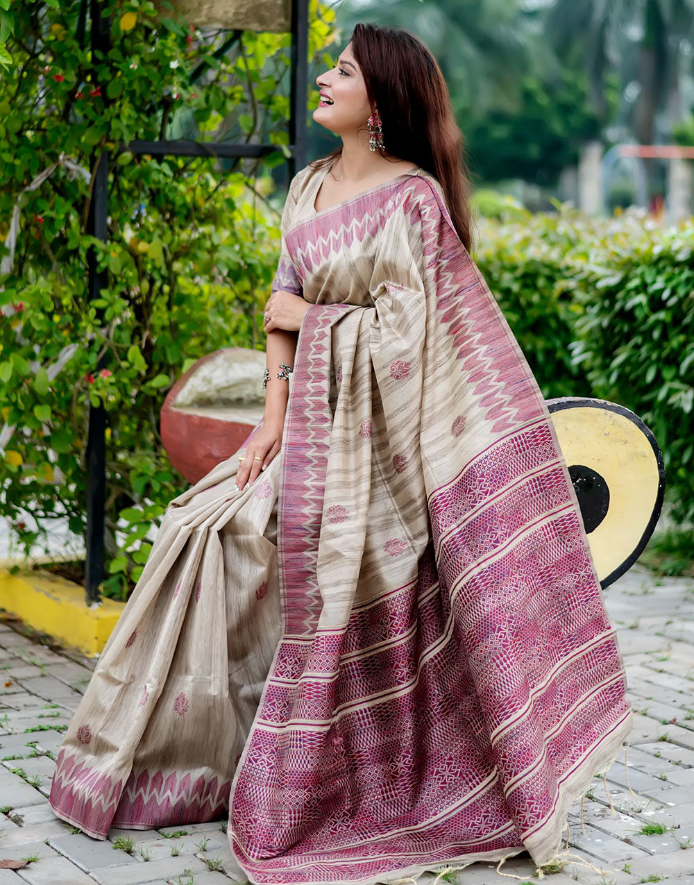 Light Maroon & Beige Tussar Silk Saree With Weaving Work