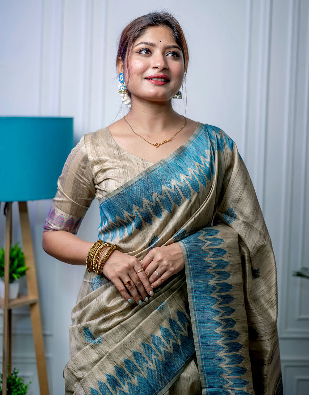 Ocean Blue & Beige Tussar Silk Saree With Weaving Work