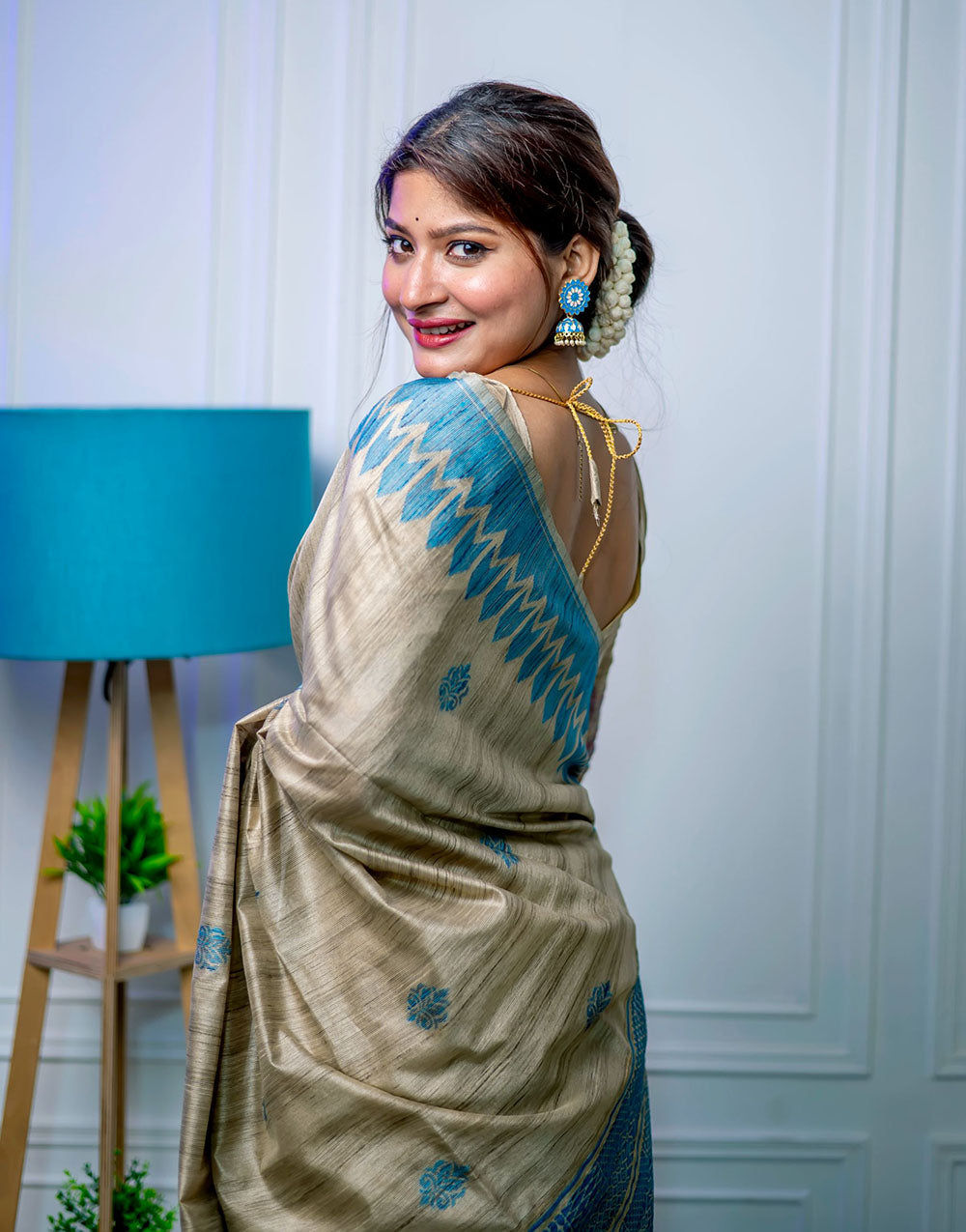 Ocean Blue & Beige Tussar Silk Saree With Weaving Work