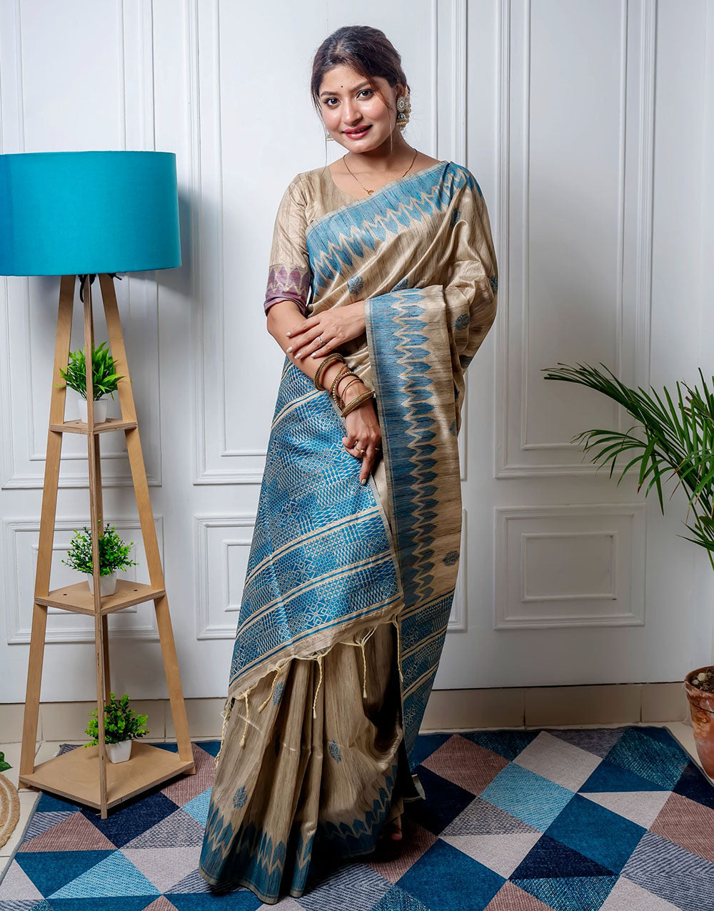 Light Blue & Beige Tussar Silk Saree With Weaving Work
