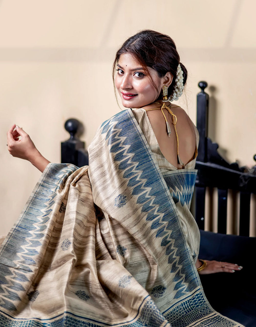 Light Blue & Beige Tussar Silk Saree With Weaving Work