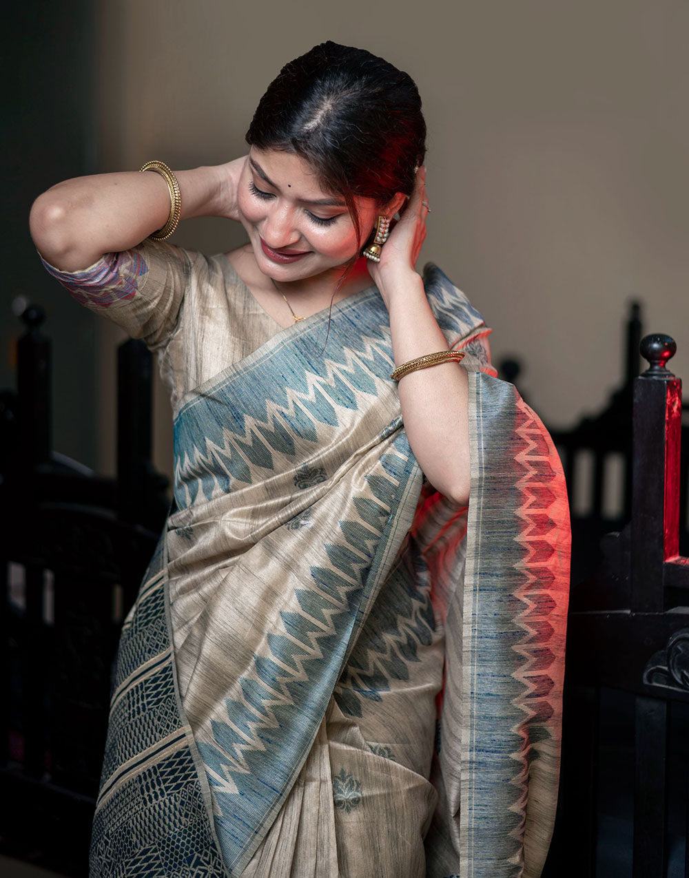 Light Blue & Beige Tussar Silk Saree With Weaving Work